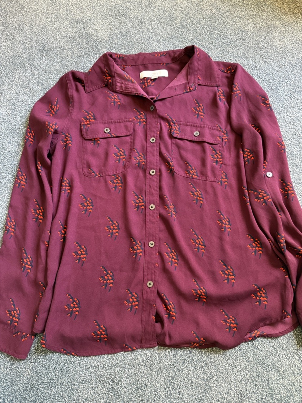 LOFT Burgundy Blouse with Red and Navy Floral Accents